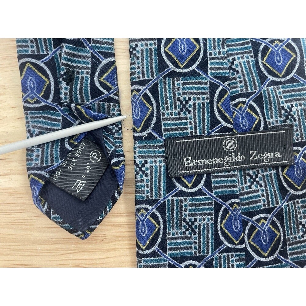 ERMENEGILDO ZEGNA Silk Necktie ITALY Luxury Geometric Blue Black White Teal - Picture 3 of 5